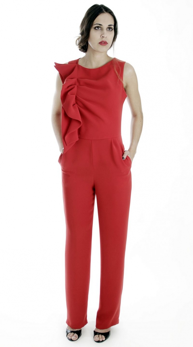 jumpsuit mono de vestir rojo con volante para boda arimoka